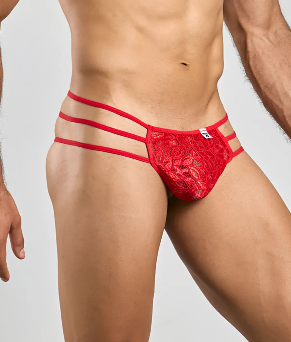 MOB Men's Triple Strap Lace Pouch Thong | Sheer Rose Lace Men's Underwear