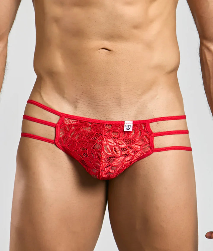 MOB Men's Triple Strap Lace Pouch Thong | Sheer Rose Lace Men's Underwear