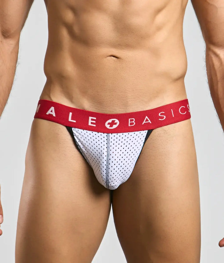 Malebasics Spot Jockstrap - White Performance Mesh Underwear
