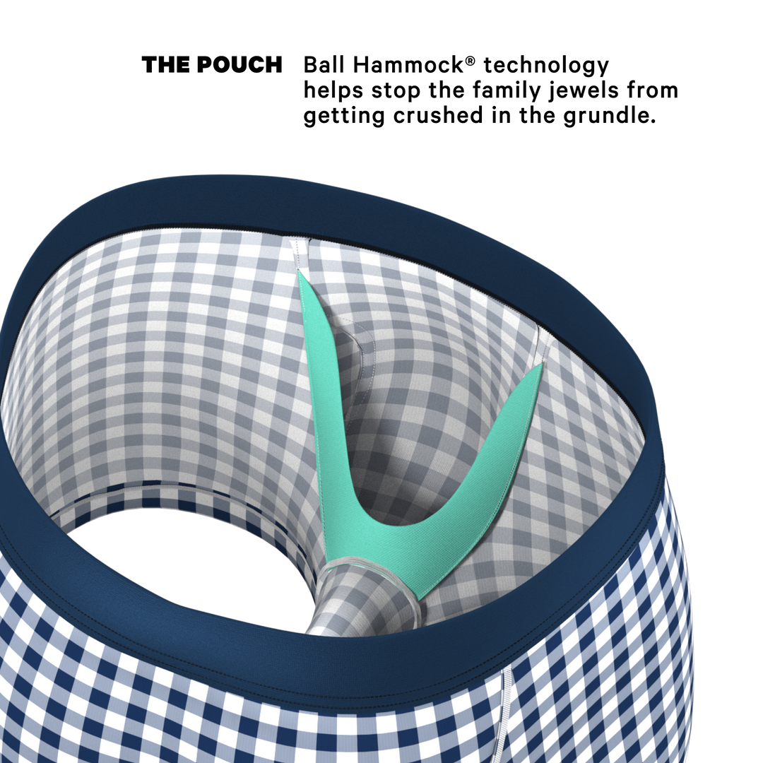 The Mad For Plaid: Navy Gingham Trunks with Ball Hammock® Pouch Underwear