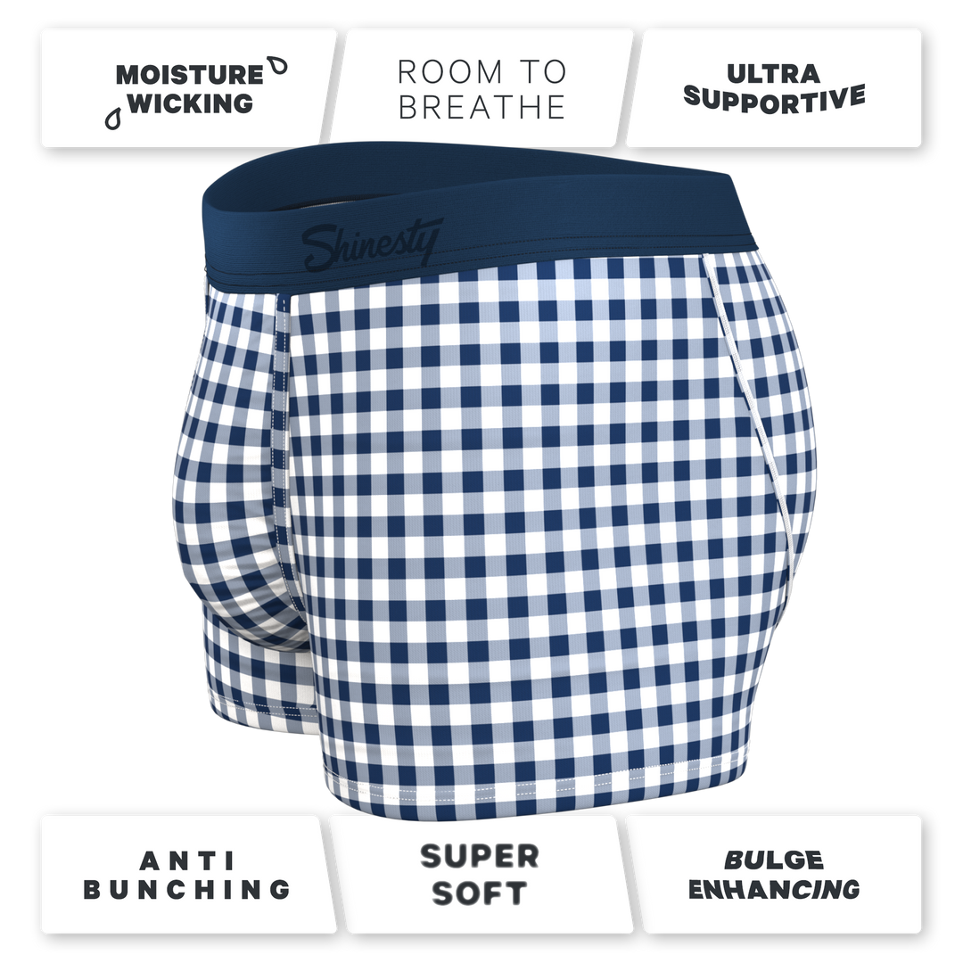 The Mad For Plaid: Navy Gingham Trunks with Ball Hammock® Pouch Underwear