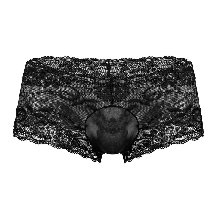 Male Power 127-280 Sassy Lace men's mini short in black – sheer mesh pouch floral lace underwear