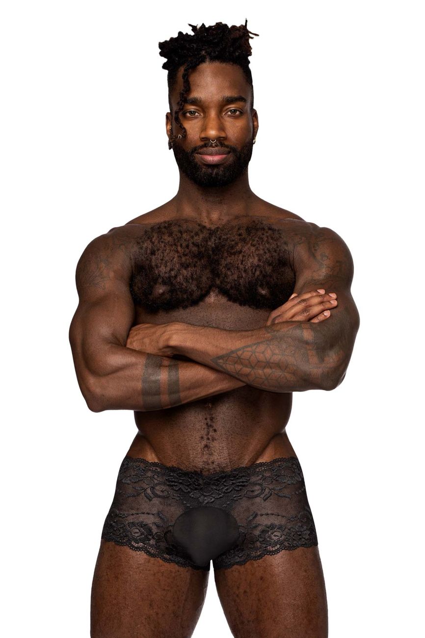 Male Power 127-280 Sassy Lace men's mini short in black – sheer mesh pouch floral lace underwear