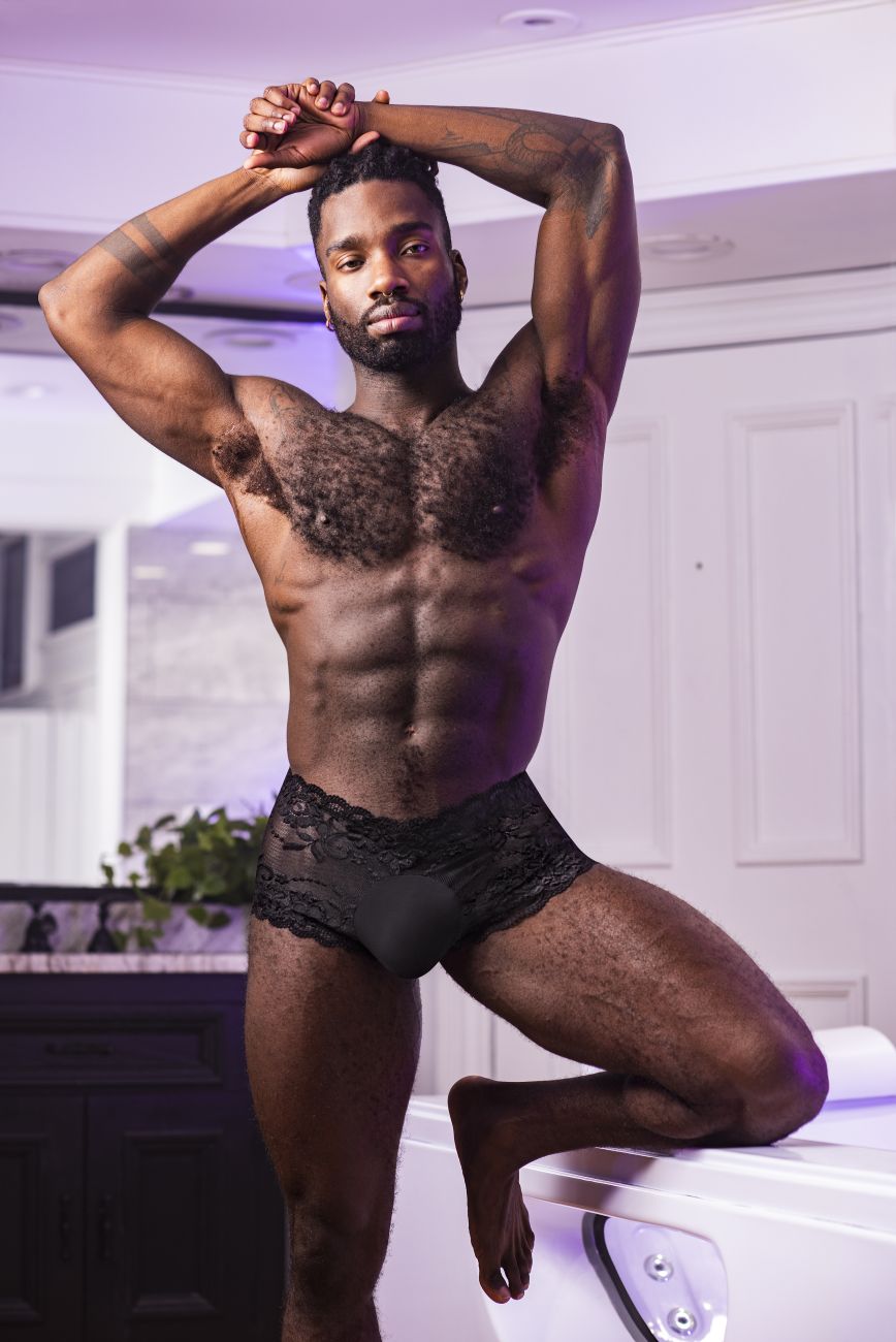 Male Power 127-280 Sassy Lace men's mini short in black – sheer mesh pouch floral lace underwear