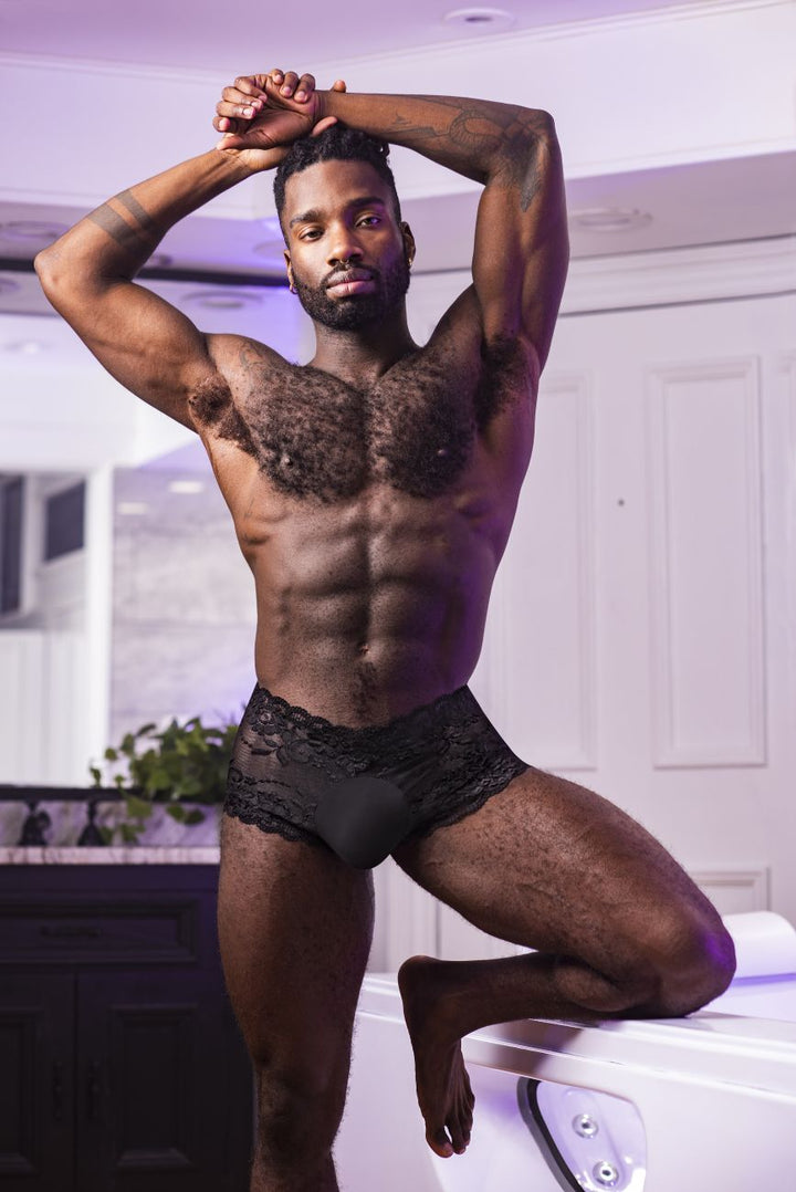 Male Power 127-280 Sassy Lace men's mini short in black – sheer mesh pouch floral lace underwear