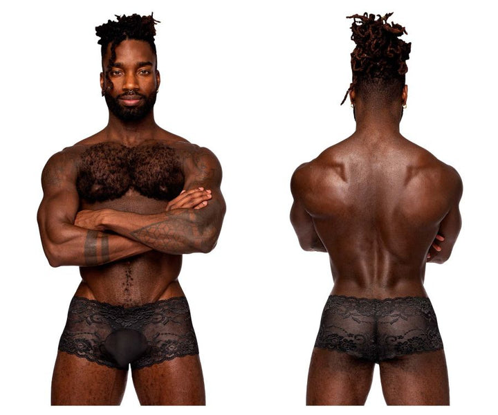 Male Power 127-280 Sassy Lace men's mini short in black – sheer mesh pouch floral lace underwear