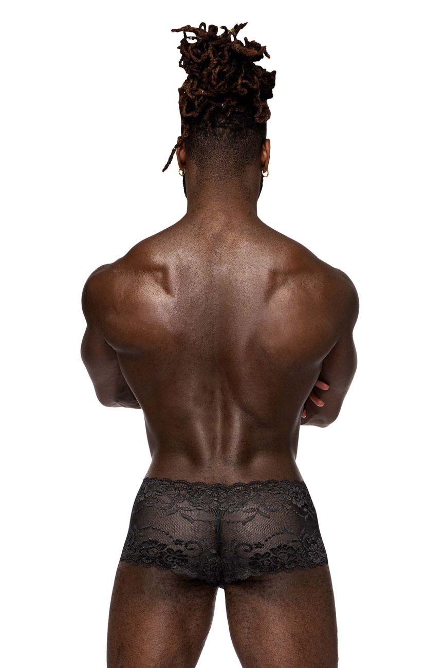 Male Power 127-280 Sassy Lace men's mini short in black – sheer mesh pouch floral lace underwear