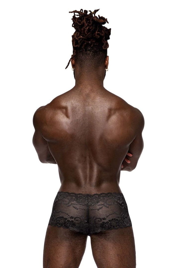 Male Power 127-280 Sassy Lace men's mini short in black – sheer mesh pouch floral lace underwear