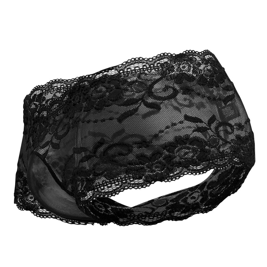 Male Power 127-280 Sassy Lace men's mini short in black – sheer mesh pouch floral lace underwear