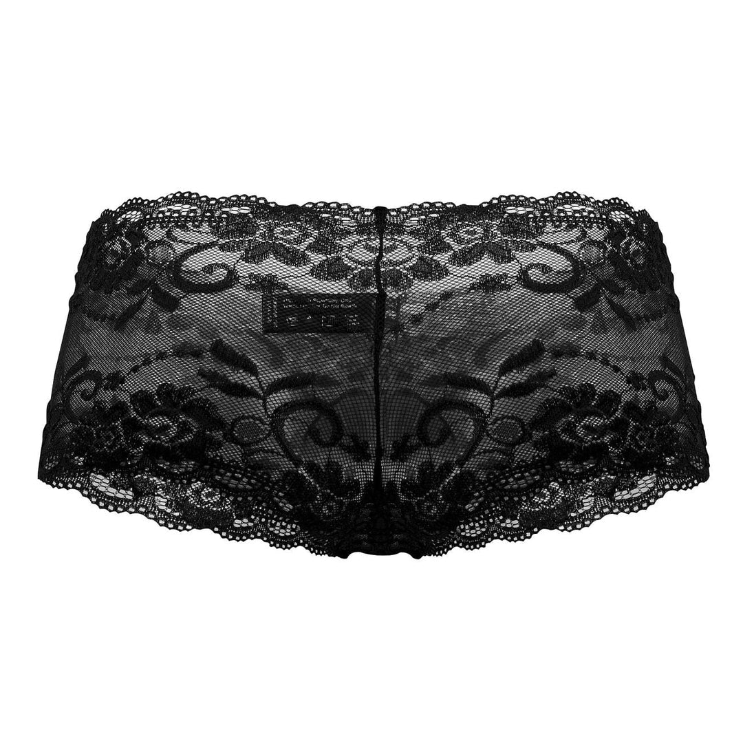 Male Power 127-280 Sassy Lace men's mini short in black – sheer mesh pouch floral lace underwear