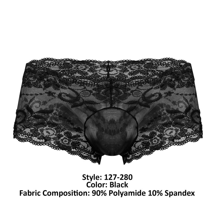 Male Power 127-280 Sassy Lace men's mini short in black – sheer mesh pouch floral lace underwear