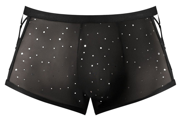 Male Power 147-288 Show Stopper men's silver mesh dot mini short – transparent sleek underwear