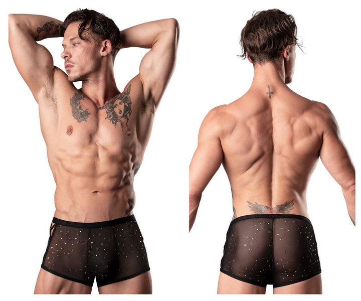 Male Power 147-288 Show Stopper men's silver mesh dot mini short – transparent sleek underwear