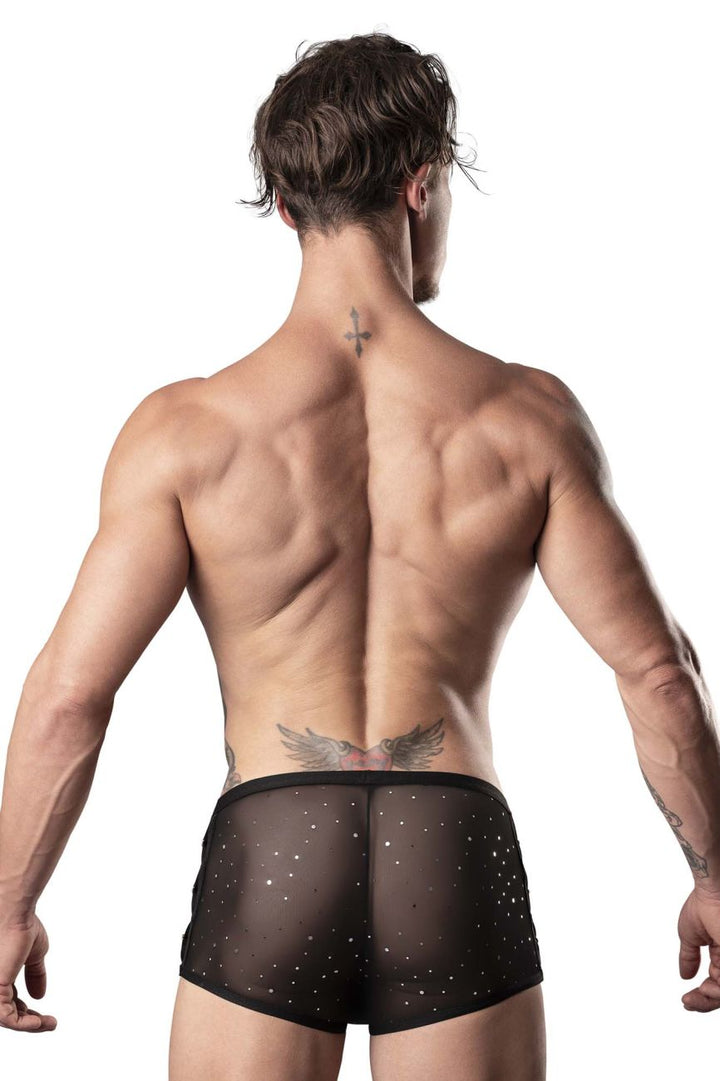 Male Power 147-288 Show Stopper men's silver mesh dot mini short – transparent sleek underwear