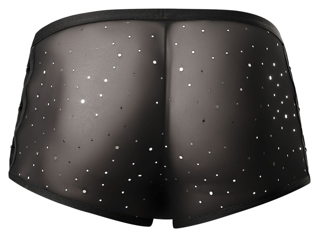 Male Power 147-288 Show Stopper men's silver mesh dot mini short – transparent sleek underwear