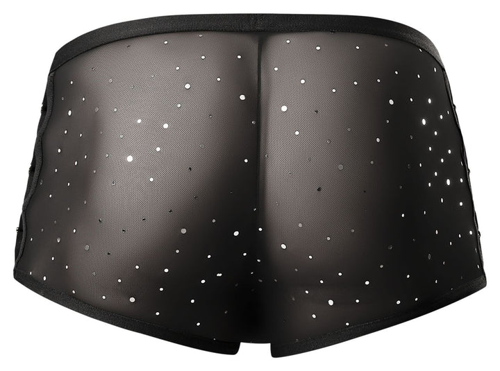 Male Power 147-288 Show Stopper men's silver mesh dot mini short – transparent sleek underwear