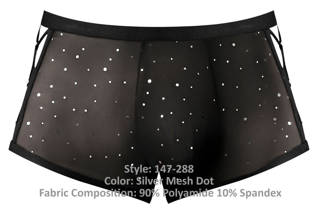 Male Power 147-288 Show Stopper men's silver mesh dot mini short – transparent sleek underwear