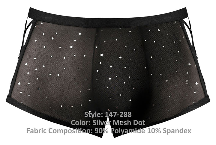 Male Power 147-288 Show Stopper men's silver mesh dot mini short – transparent sleek underwear