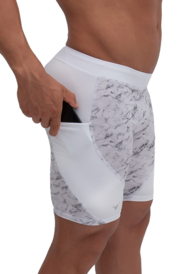 Matador Meggings Marble men's compression shorts – white marble print squat-proof hybrid shorts
