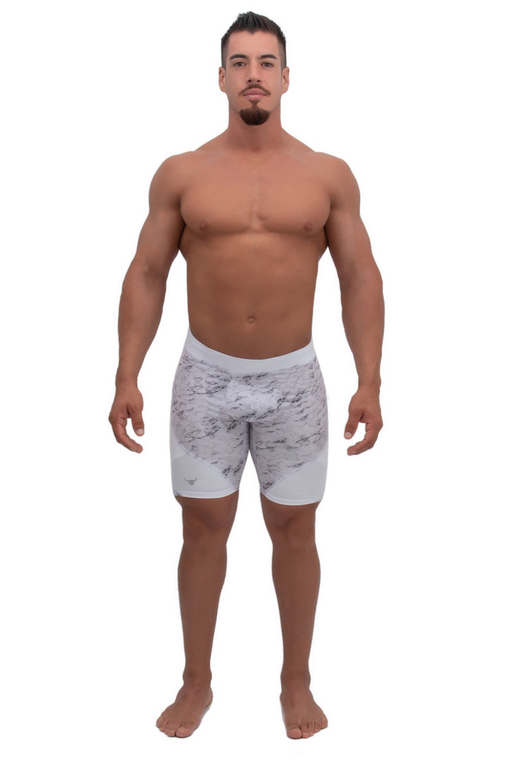 Matador Meggings Marble men's compression shorts – white marble print squat-proof hybrid shorts