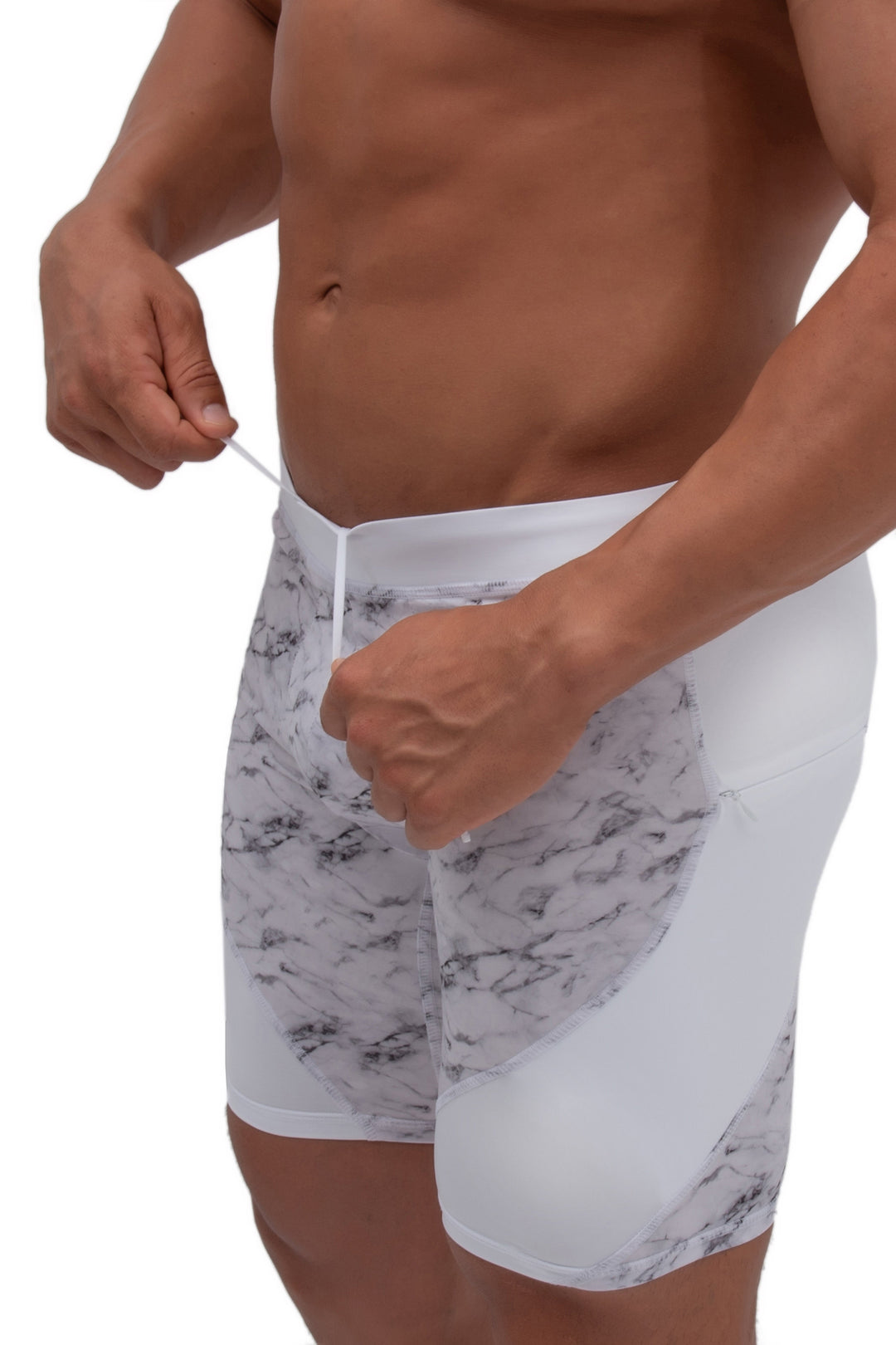Matador Meggings Marble men's compression shorts – white marble print squat-proof hybrid shorts