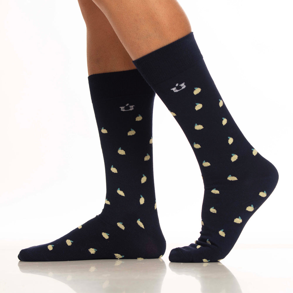 Mundo Unico men's blue modal casual socks Lemon with lemon miniprint – back view