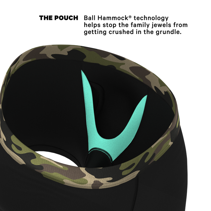 The Midnights: Black and Camo Ball Hammock® Pouch Underwear with Fly