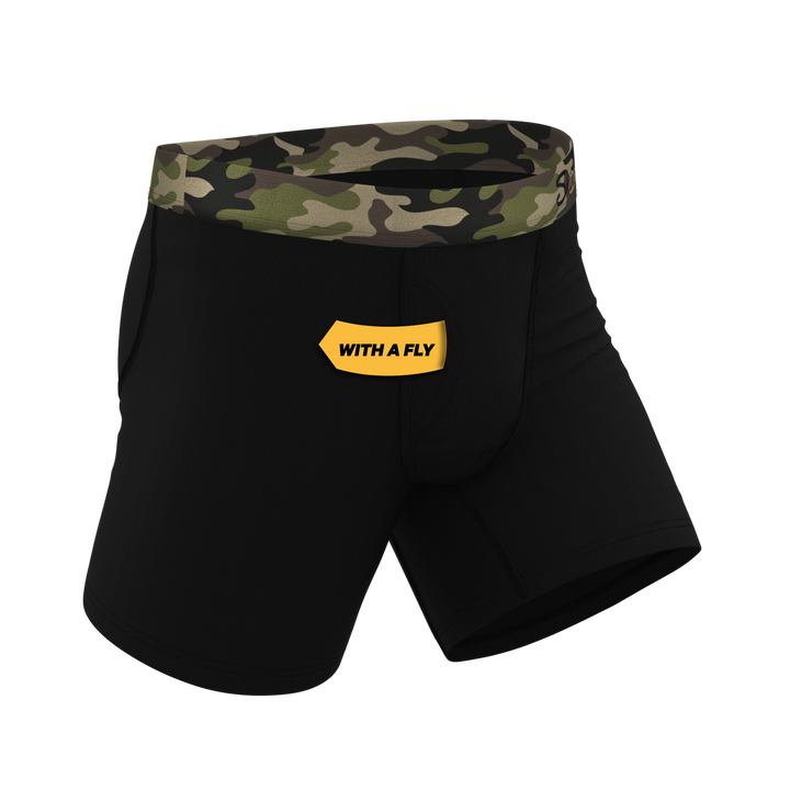 The Midnights: Black and Camo Ball Hammock® Pouch Underwear with Fly