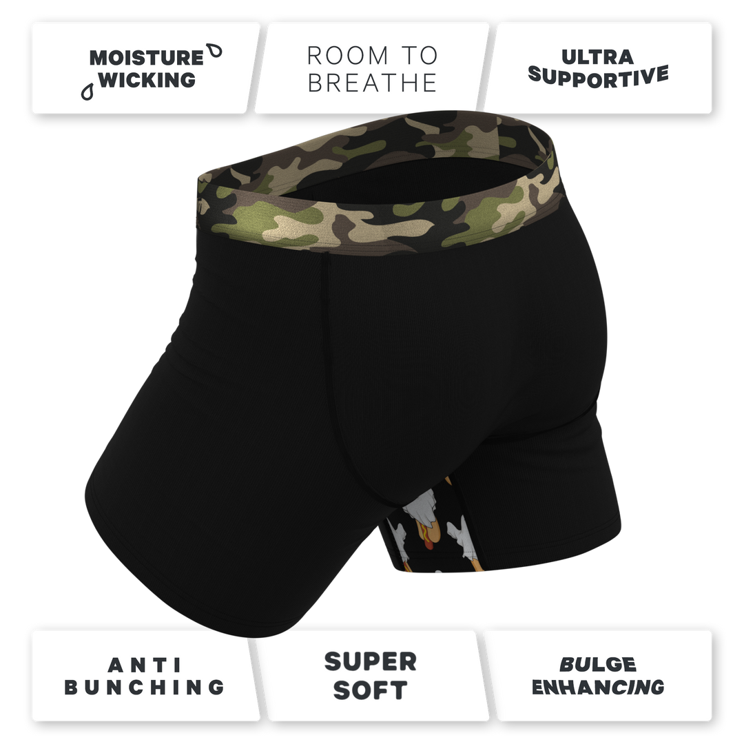 The Midnights: Black and Camo Ball Hammock® Pouch Underwear with Fly
