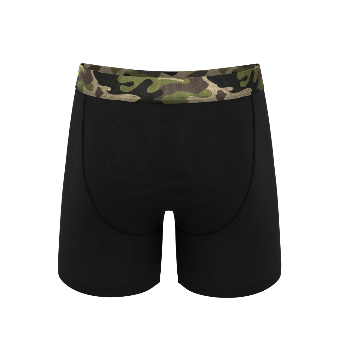 The Midnights: Black and Camo Ball Hammock® Pouch Underwear with Fly
