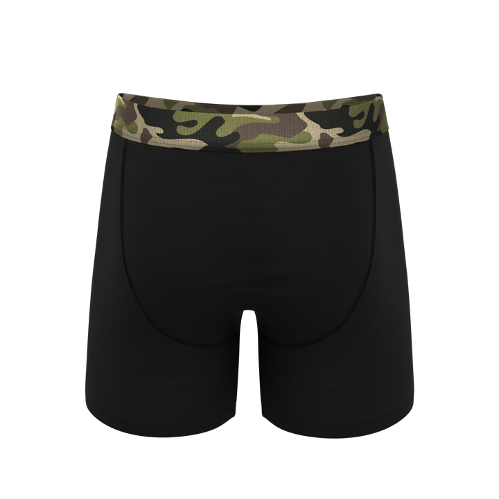 The Midnights: Black and Camo Ball Hammock® Pouch Underwear with Fly