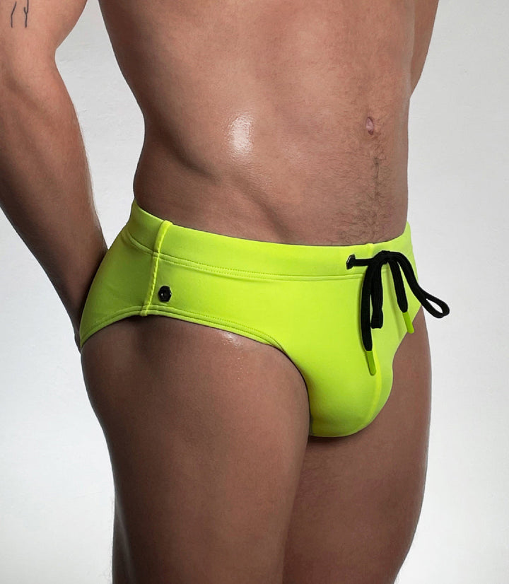 BADBUI Modern Classic Swim Brief in neon yellow – men's sporty quick-dry fitted swim brief