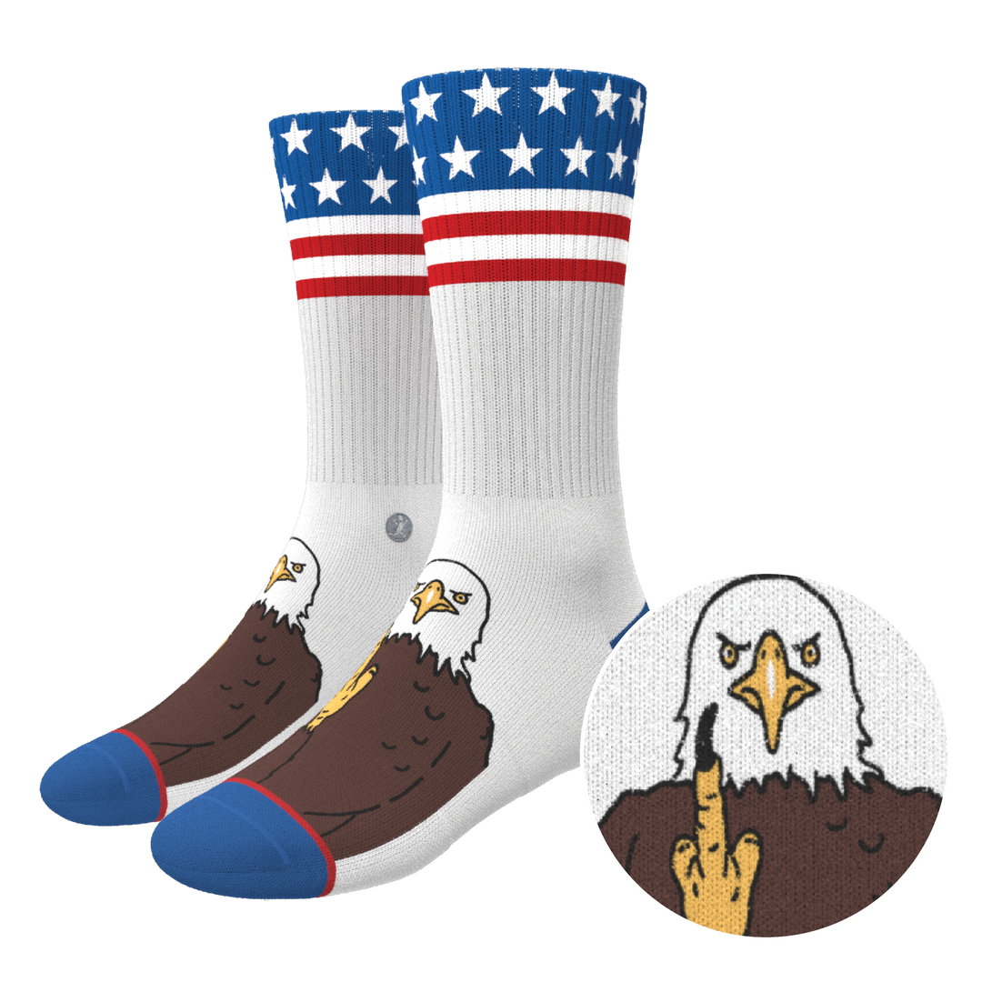 Shinesty The One Finger Salute American flag bald eagle Heel Hammock crew socks – men's patriotic crew socks