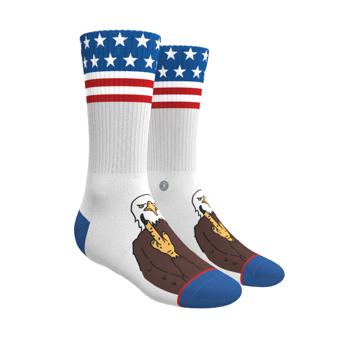 Shinesty The One Finger Salute American flag bald eagle Heel Hammock crew socks – men's patriotic crew socks