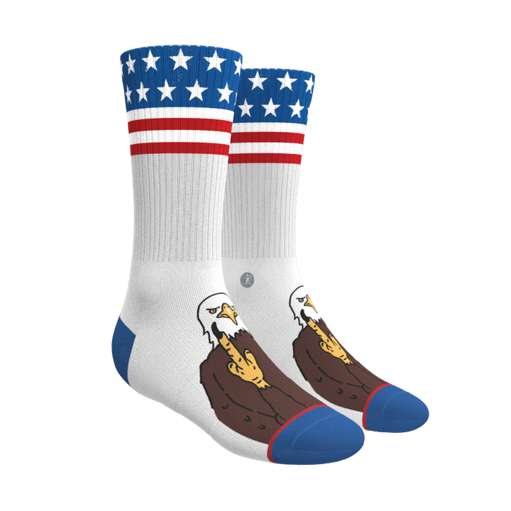 Shinesty The One Finger Salute American flag bald eagle Heel Hammock crew socks – men's patriotic crew socks