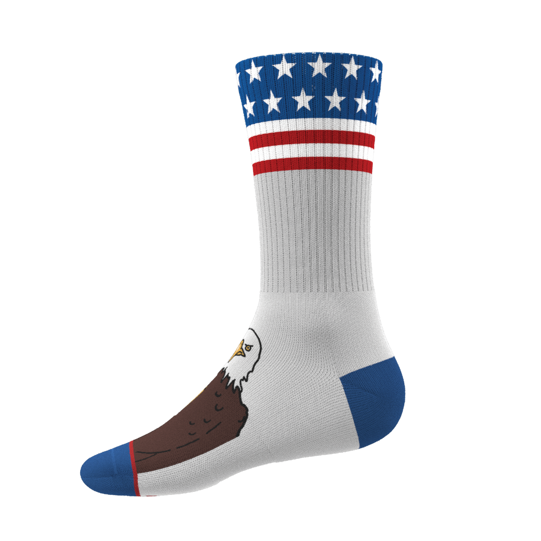 Shinesty The One Finger Salute American flag bald eagle Heel Hammock crew socks – men's patriotic crew socks