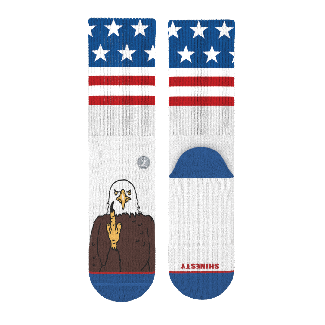 Shinesty The One Finger Salute American flag bald eagle Heel Hammock crew socks – men's patriotic crew socks