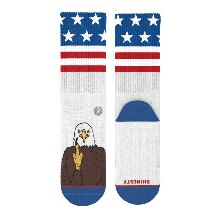 Shinesty The One Finger Salute American flag bald eagle Heel Hammock crew socks – men's patriotic crew socks