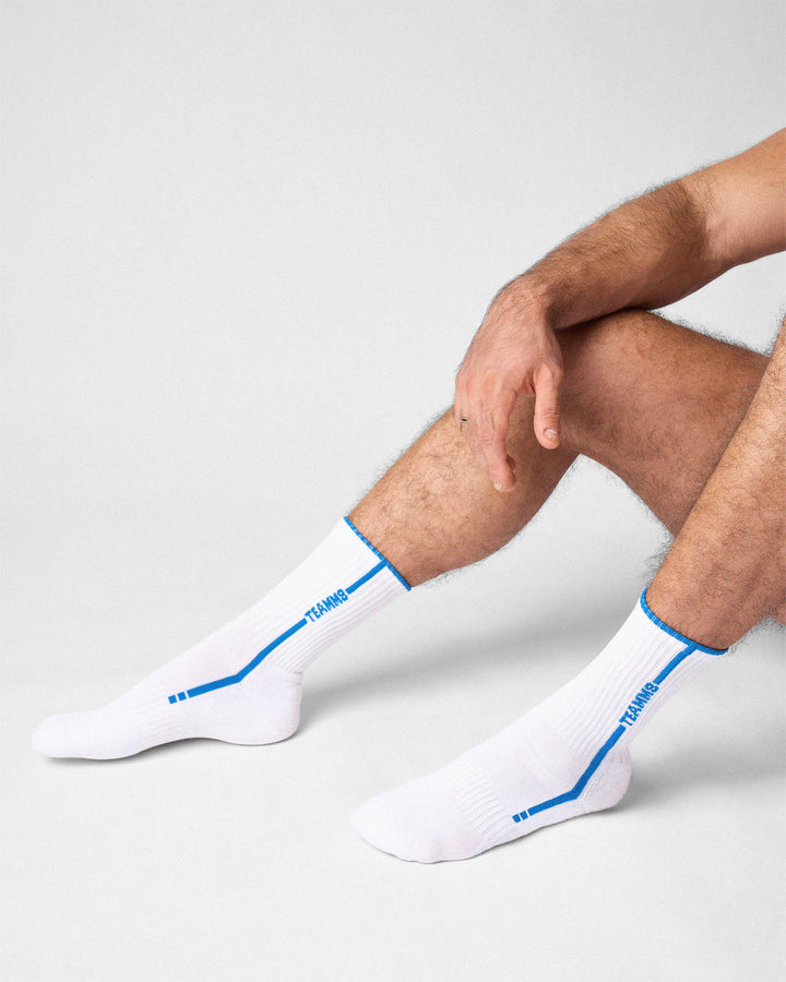 TEAMM8 Optic Crew Socks in Azure – bold striped men's crew socks
