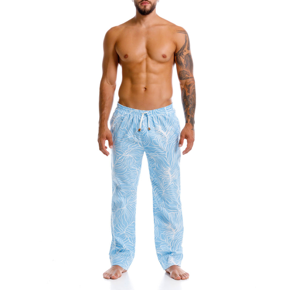 Mundo Unico Lomax long pants in blue – white floral cotton lounge pants leather appliques