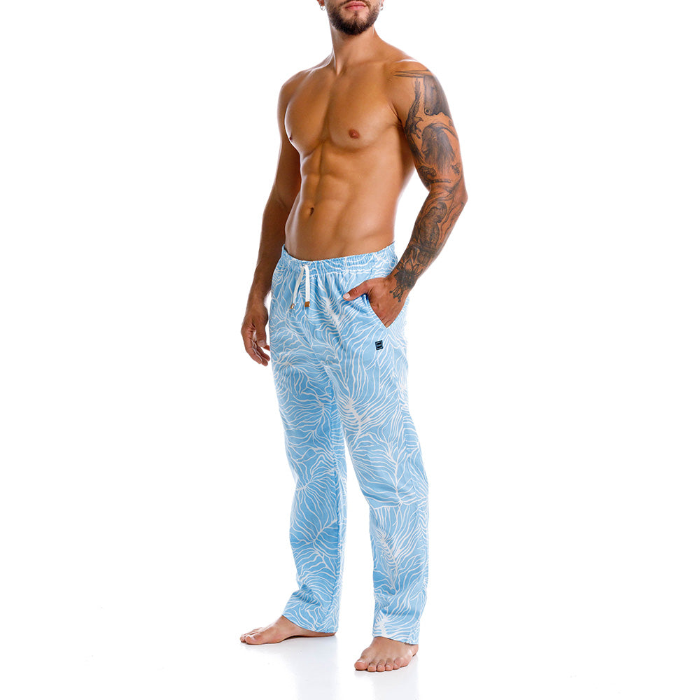 Mundo Unico Lomax long pants in blue – white floral cotton lounge pants leather appliques