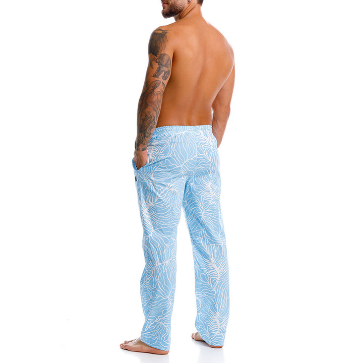 Mundo Unico Lomax long pants in blue – white floral cotton lounge pants leather appliques