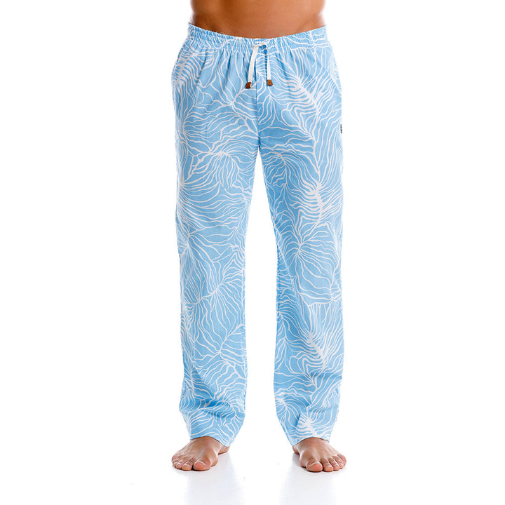 Mundo Unico Lomax long pants in blue – white floral cotton lounge pants leather appliques