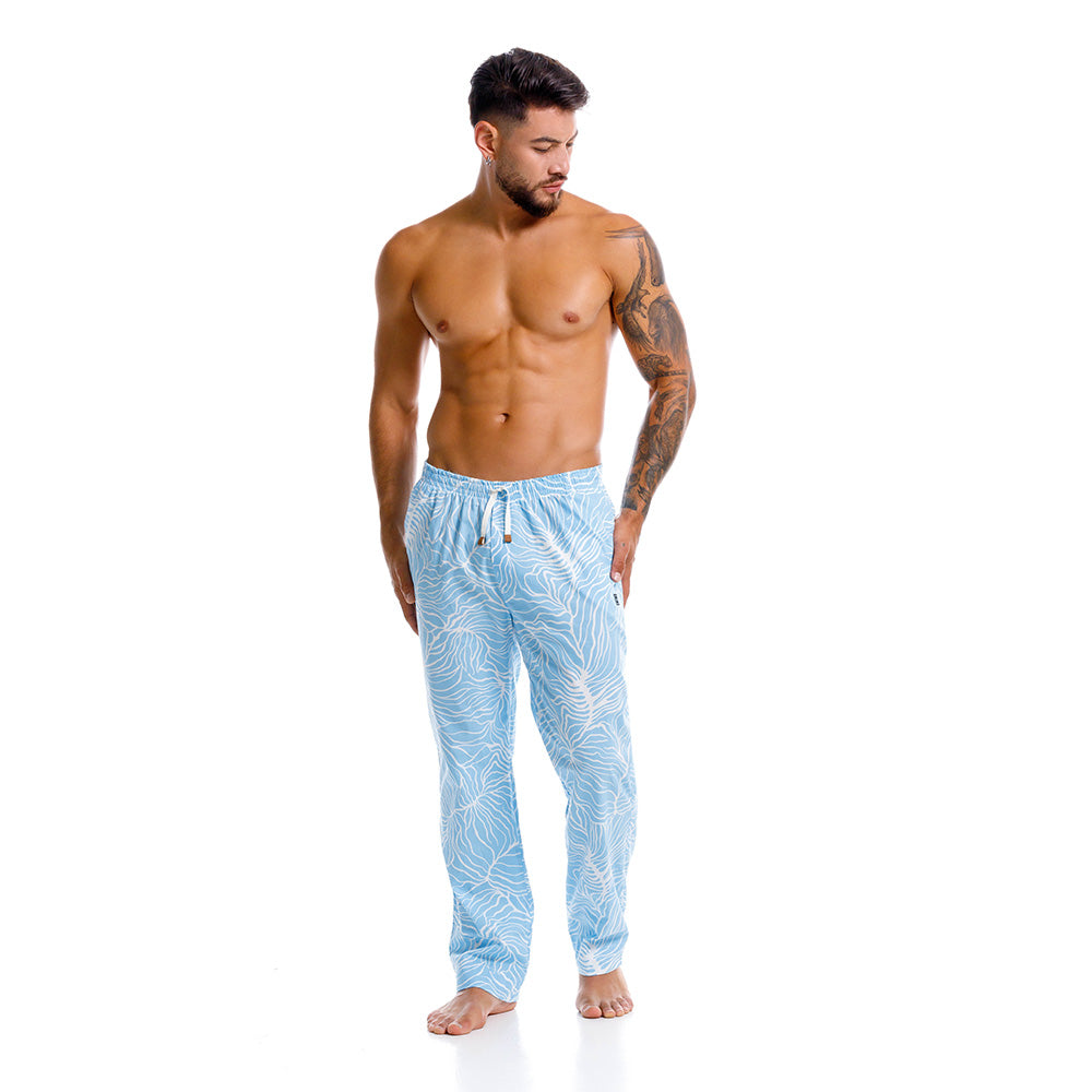 Mundo Unico Lomax long pants in blue – white floral cotton lounge pants leather appliques