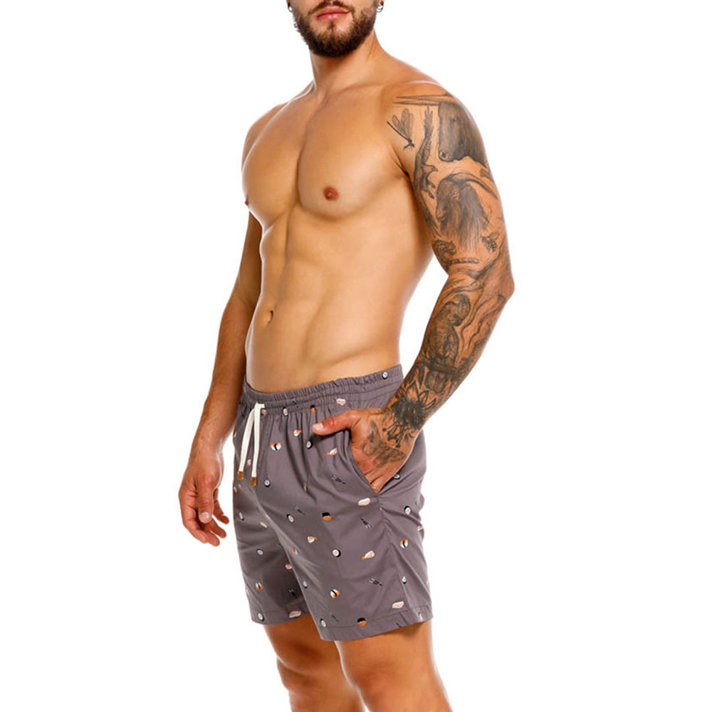 Mundo Unico Temaki mid-length casual shorts in gray – printed comfortable relaxed fit shorts