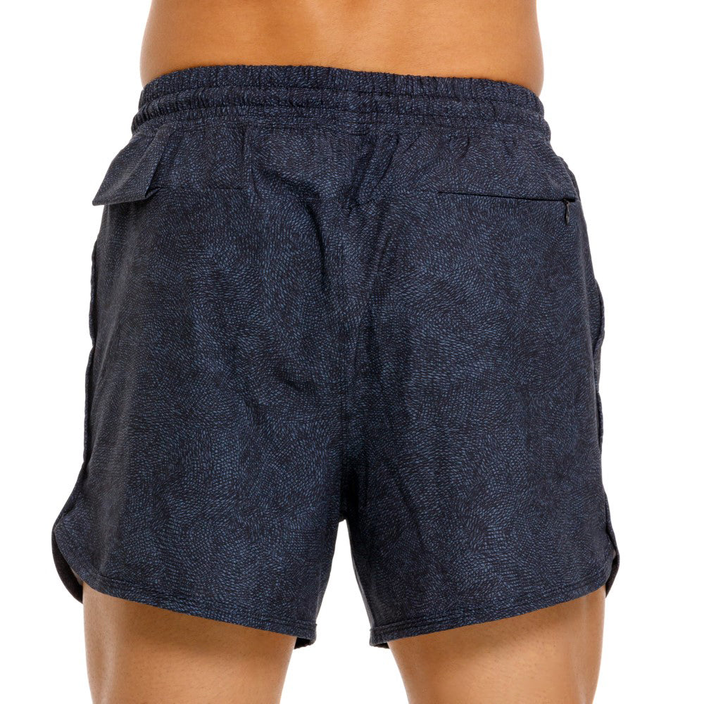 Mundo Unico Tecnica running shorts in blue – geometric Action Tech reflective logo performance shorts