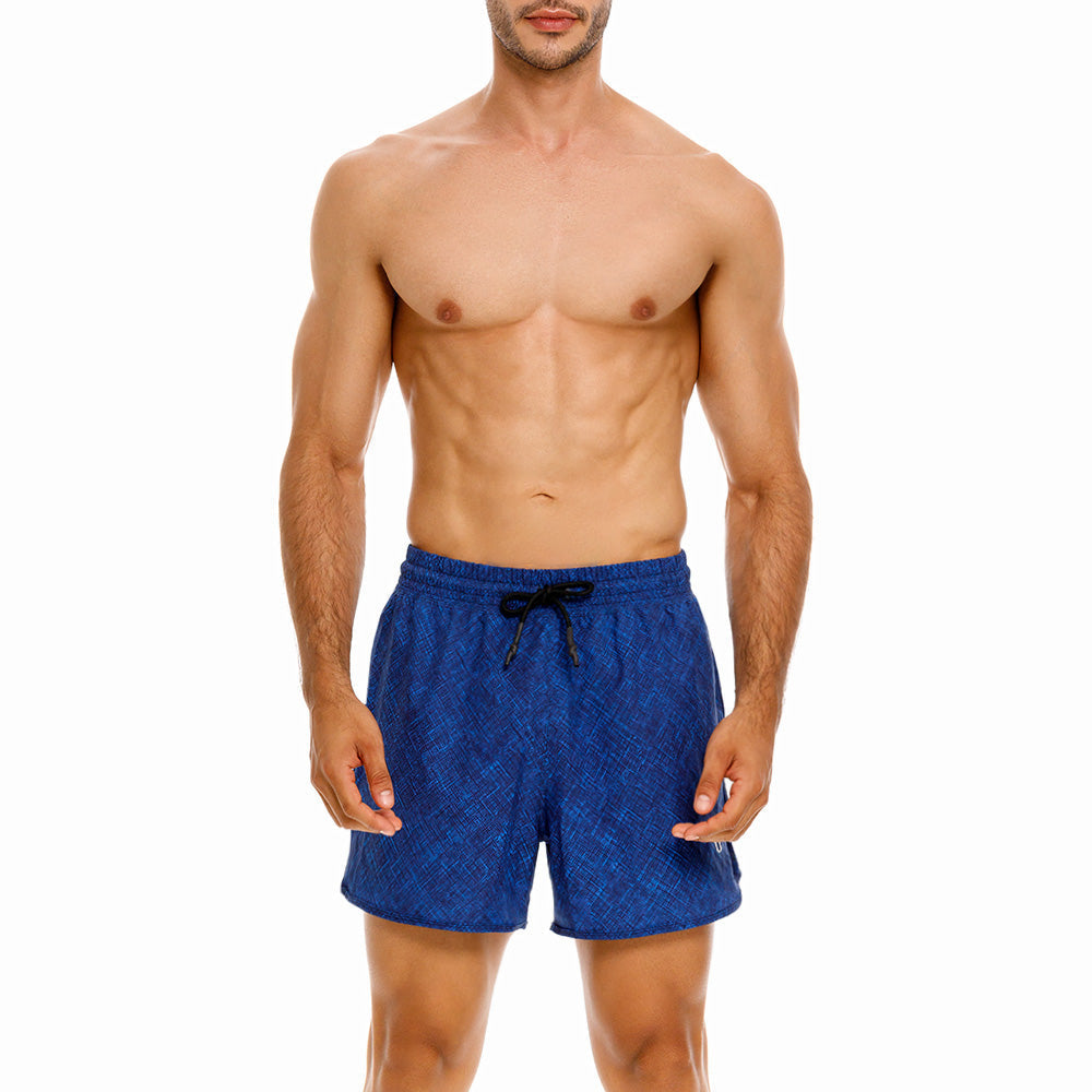 Mundo Unico Tiempo running shorts in blue – geometric quick-dry hidden zip performance shorts