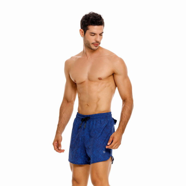Mundo Unico Tiempo running shorts in blue – geometric quick-dry hidden zip performance shorts
