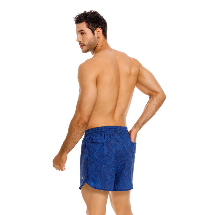 Mundo Unico Tiempo running shorts in blue – geometric quick-dry hidden zip performance shorts