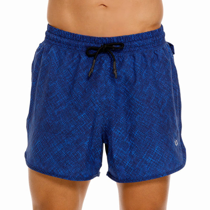Mundo Unico Tiempo running shorts in blue – geometric quick-dry hidden zip performance shorts